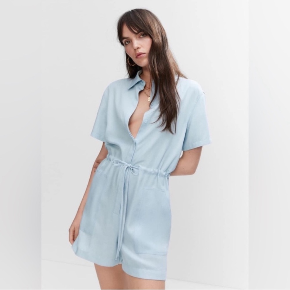 MANGO Light Blue Lyocell Short Sleeve Shirt Jumpsuit - S